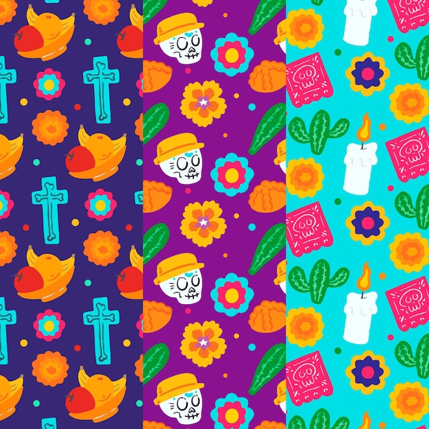 Free vector hand drawn flat dia de muertos patterns collection