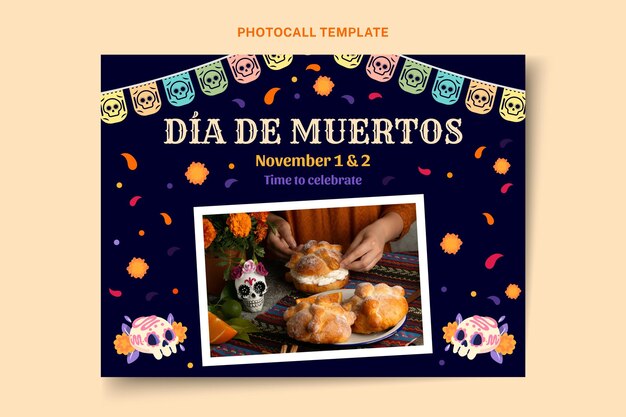 손으로 그린 평면 dia de muertos photocall 템플릿