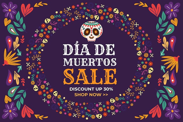 손으로 그린 평면 dia de muertos 판매 배경