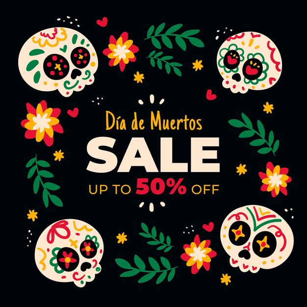 Illustrazione di vendita piatta dia de muertos disegnata a mano