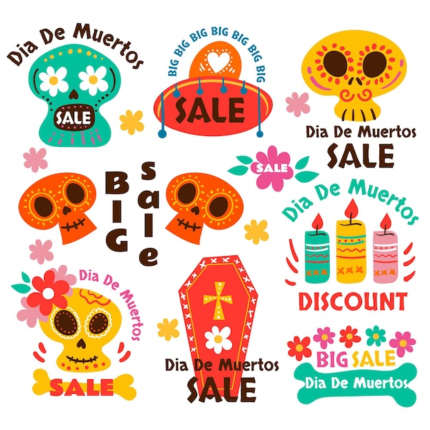 Free vector hand drawn flat dia de muertos sale labels collection