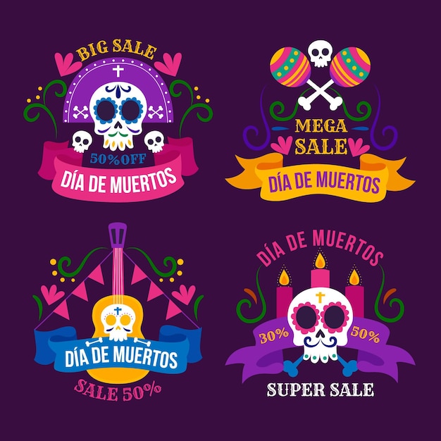 Hand drawn flat dia de muertos sale labels collection