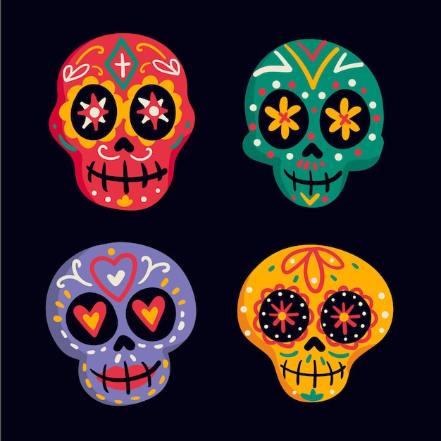 Collezione di teschi dia de muertos piatti disegnati a mano