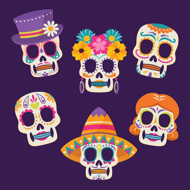 Vettore gratuito collezione di teschi dia de muertos piatti disegnati a mano