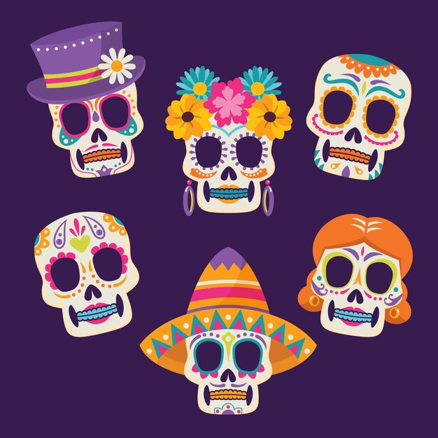 Коллекция рисованной плоских черепов dia de muertos