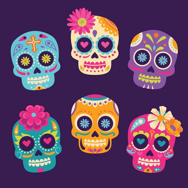 Free vector hand drawn flat dia de muertos skulls collection