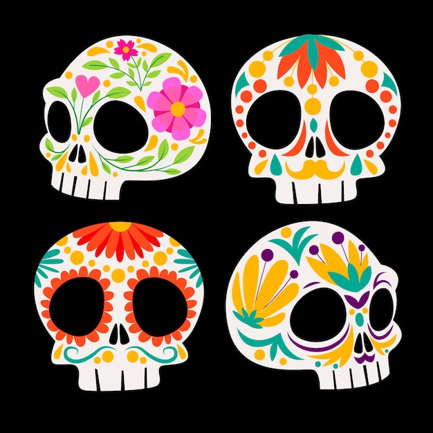 Collezione di teschi dia de muertos piatti disegnati a mano