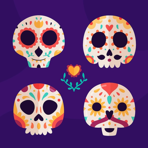 Hand drawn flat dia de muertos skulls collection