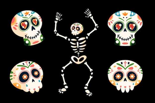 Collezione di teschi dia de muertos piatti disegnati a mano