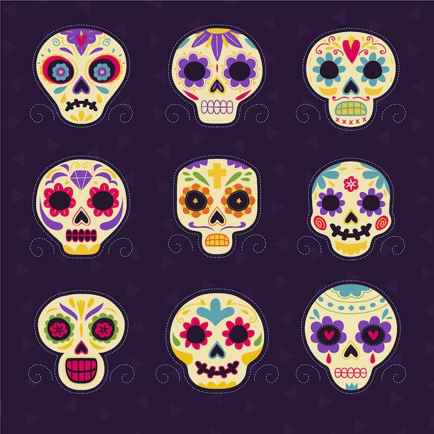 Hand drawn flat dia de muertos skulls collection