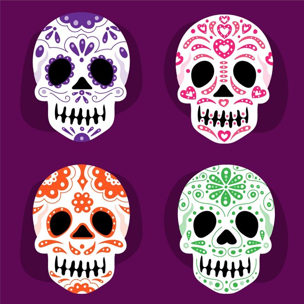 Коллекция рисованной плоских черепов dia de muertos