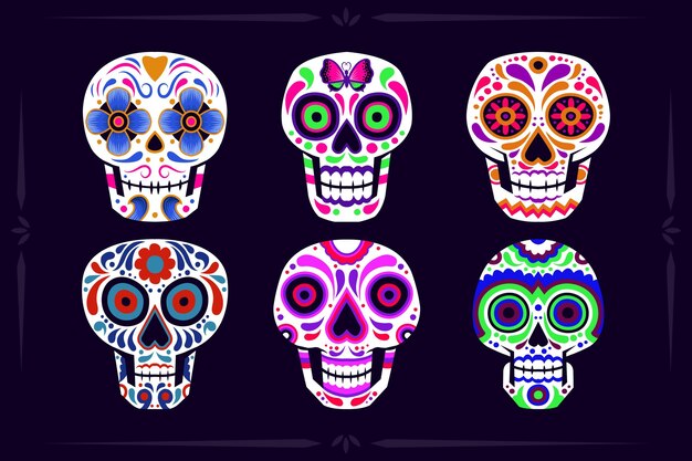 Hand drawn flat dia de muertos skulls collection