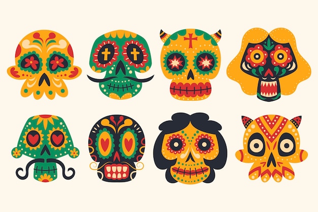 Collezione di teschi dia de muertos piatti disegnati a mano