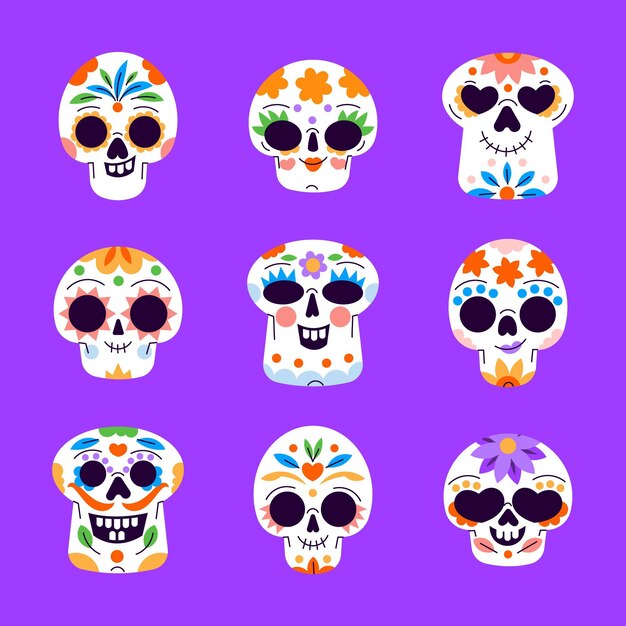 Hand drawn flat dia de muertos skulls collection