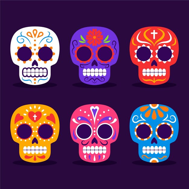 Free vector hand drawn flat dia de muertos skulls collection