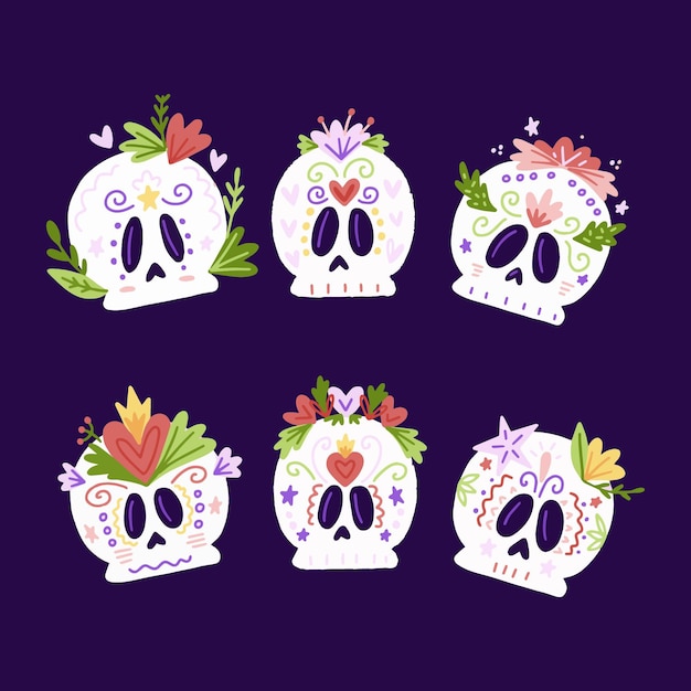 Hand drawn flat dia de muertos skulls collection