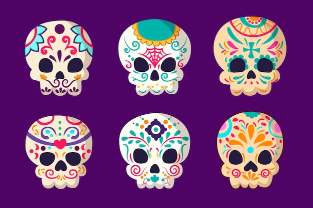 Vettore gratuito collezione di teschi dia de muertos piatti disegnati a mano