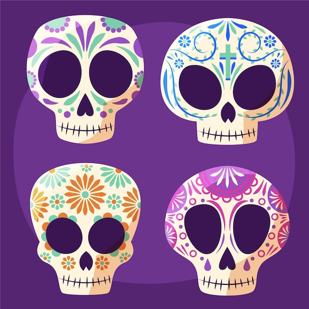 Коллекция рисованной плоских черепов dia de muertos