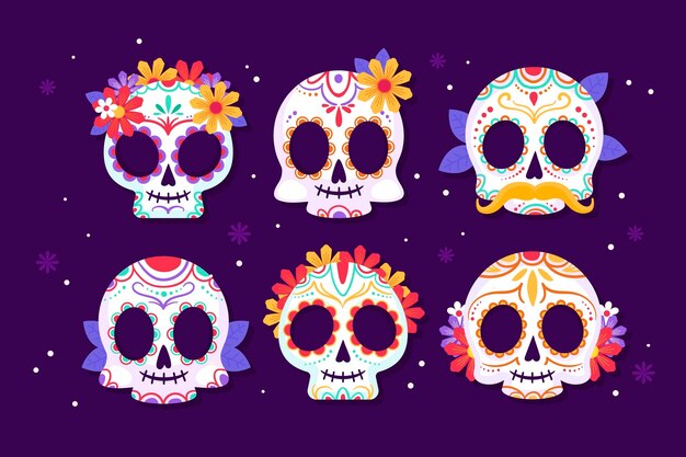 Коллекция рисованной плоских черепов dia de muertos