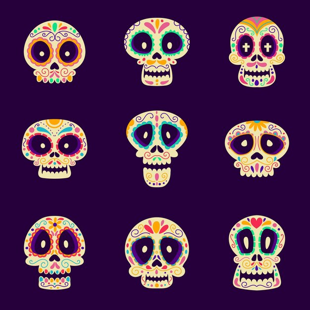 Коллекция рисованной плоских черепов dia de muertos