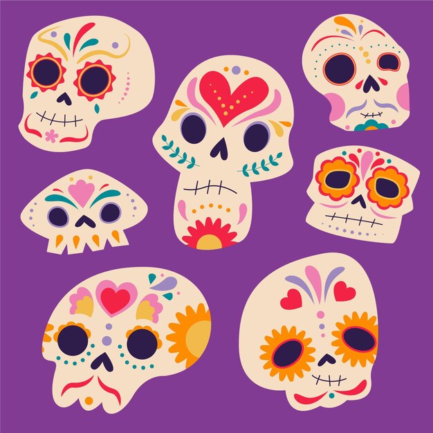 Hand drawn flat dia de muertos skulls collection