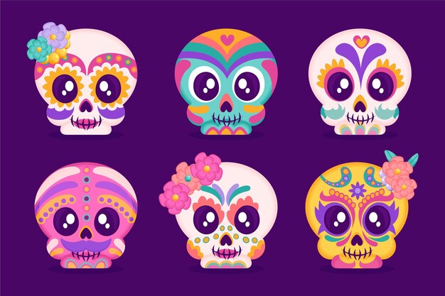 Коллекция рисованной плоских черепов dia de muertos