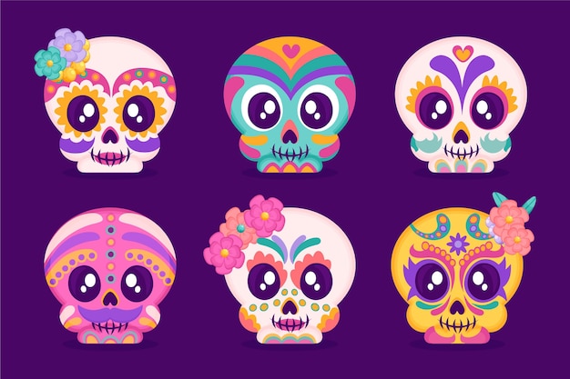 Hand drawn flat dia de muertos skulls collection