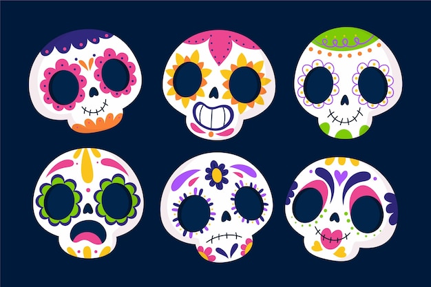 Collezione di teschi dia de muertos piatti disegnati a mano