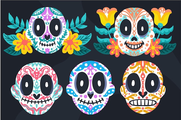 Collezione di teschi dia de muertos piatti disegnati a mano