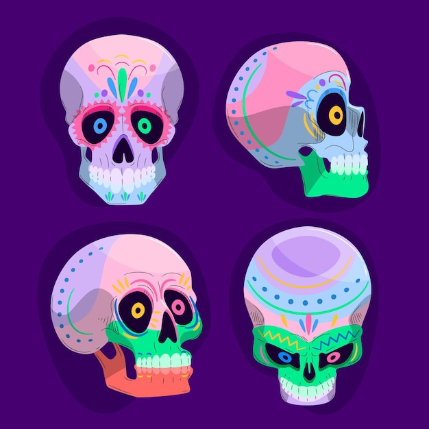 Free vector hand drawn flat dia de muertos skulls collection