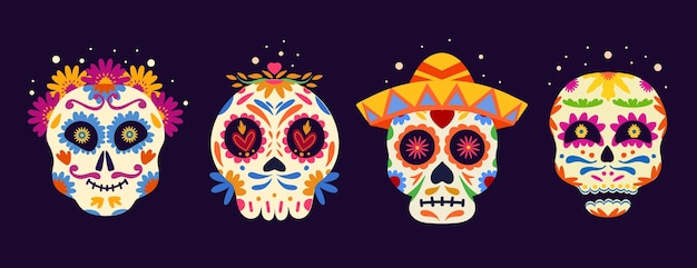 Vettore gratuito collezione di teschi dia de muertos piatti disegnati a mano