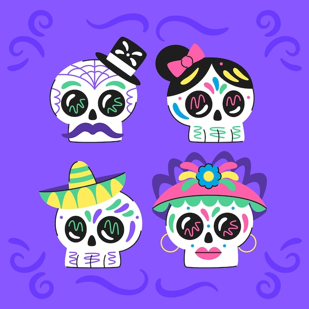 Hand drawn flat dia de muertos skulls collection