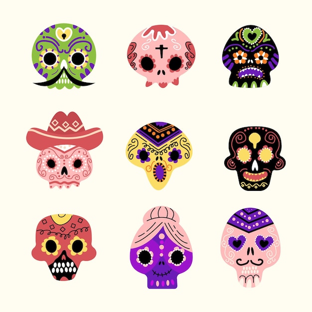 Free vector hand drawn flat dia de muertos skulls collection