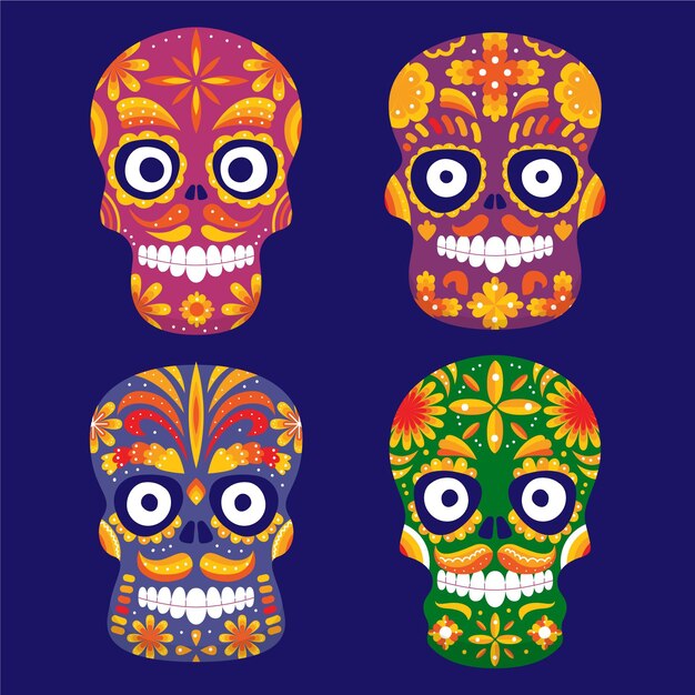 Free vector hand drawn flat dia de muertos skulls collection