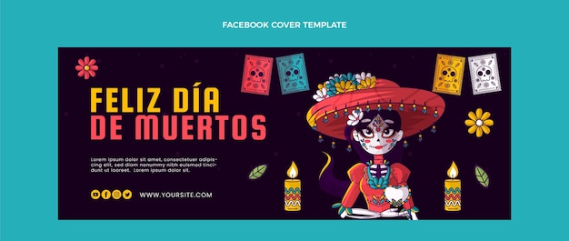 Vettore gratuito modello di copertina per social media dia de muertos piatto disegnato a mano