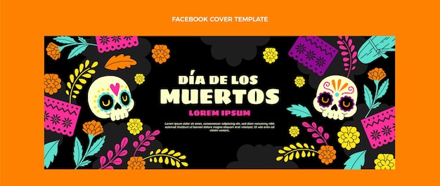 Hand drawn flat dia de muertos social media cover template