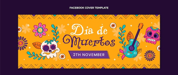 손으로 그린 평면 dia de muertos 소셜 미디어 표지 템플릿