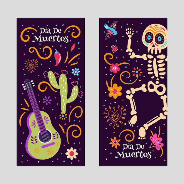 Free vector hand drawn flat dia de muertos vertical banners set