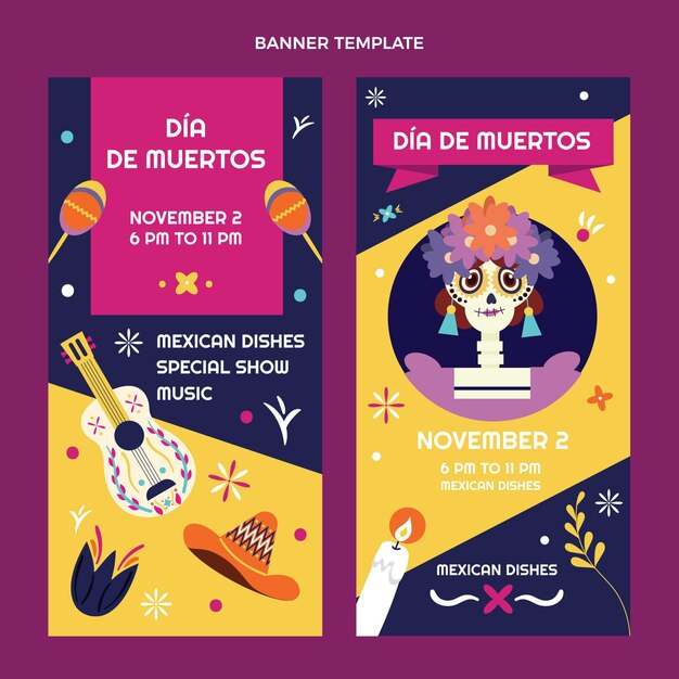 Hand drawn flat dia de muertos vertical banners set