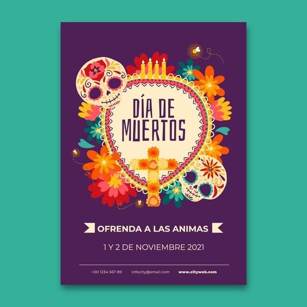 Hand drawn flat dia de muertos vertical flyer template