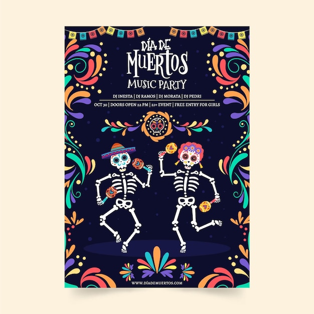 Hand drawn flat dia de muertos vertical flyer template