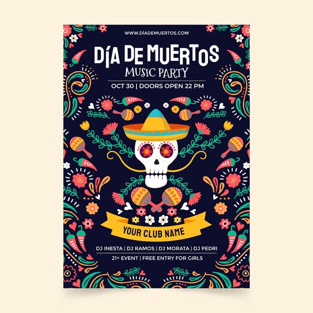 Hand drawn flat dia de muertos vertical flyer template