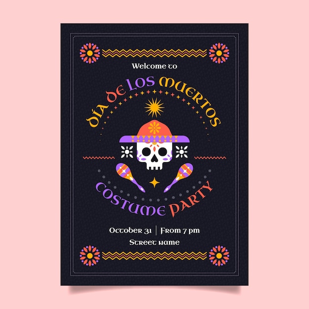 Hand drawn flat dia de muertos vertical flyer template