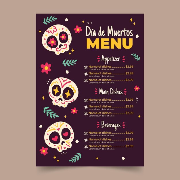 Hand drawn flat dia de muertos vertical menu template