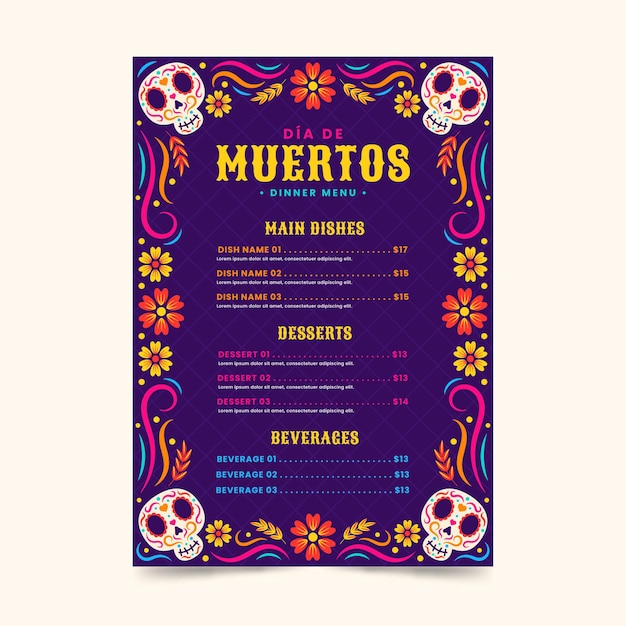 Vettore gratuito modello di menu verticale piatto dia de muertos disegnato a mano