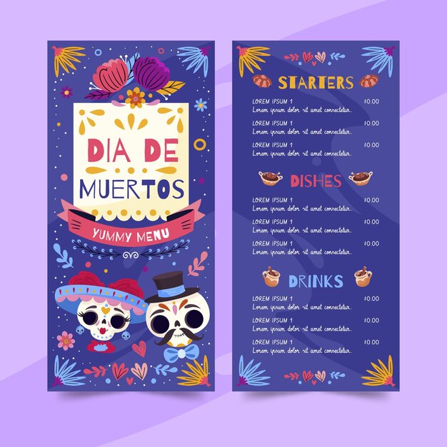 Vettore gratuito modello di menu verticale piatto dia de muertos disegnato a mano