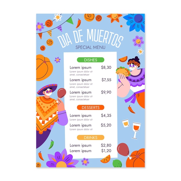 Hand drawn flat dia de muertos vertical menu template