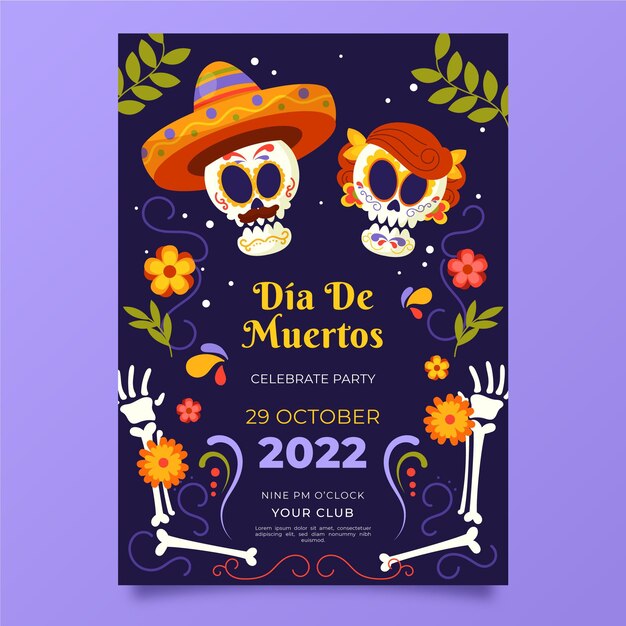 Hand drawn flat dia de muertos vertical poster template