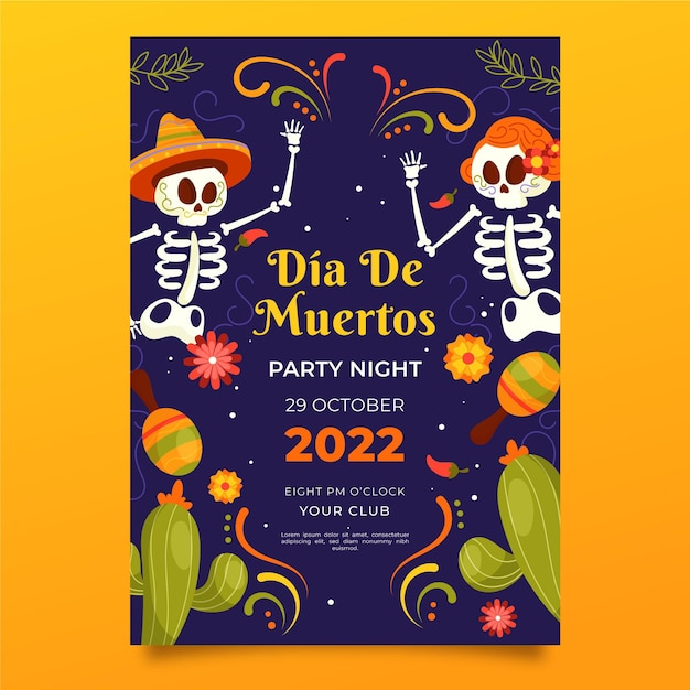 手描きのフラットdiademuertos垂直ポスターテンプレート