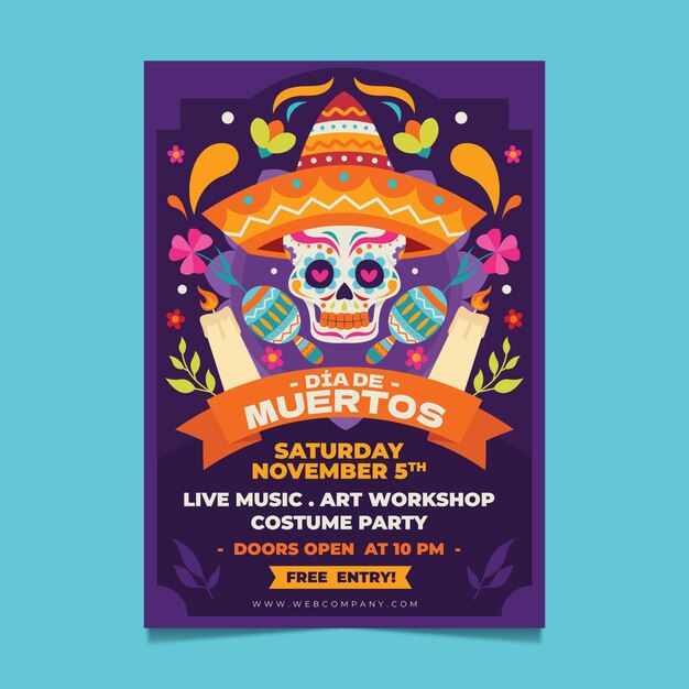 Hand drawn flat dia de muertos vertical poster template